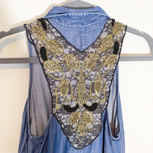 Guess angel wing beaded lace collared chambray button down shirt top blouse - Picture 4 of 8